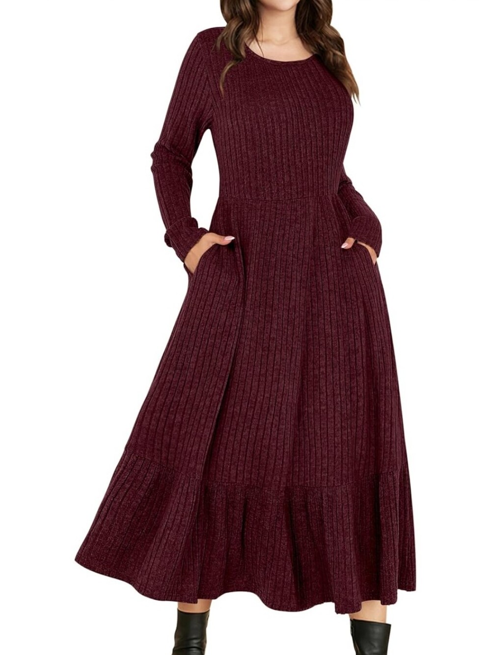 Women's Burgundy Ribbed Long Sleeve Maxi Dress
